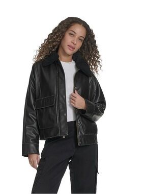 Levi Black Faux Leather Jacket with Removable Sherpa Collar